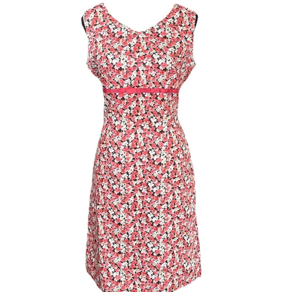 Casual Corner Floral Sheath Dress Pink White V-Neck Ribbon Bow 8 Audrey Hepburn